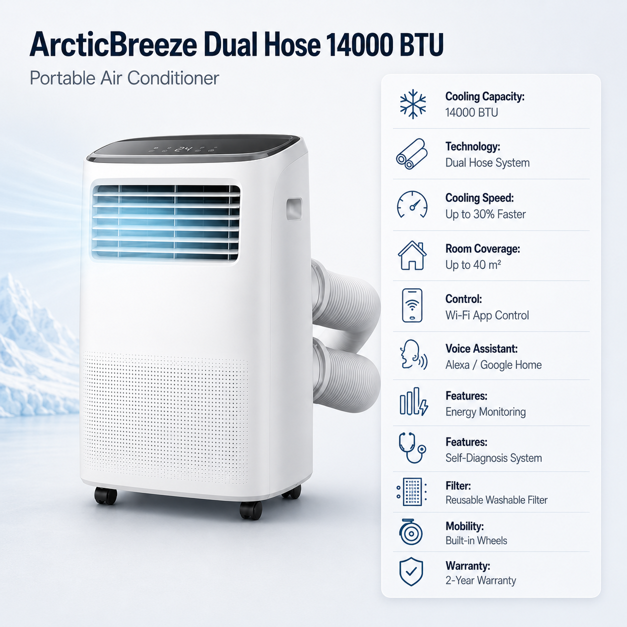 ArcticBreeze Dual Hose 14000 BTU Portable Air Conditioner - Specification image