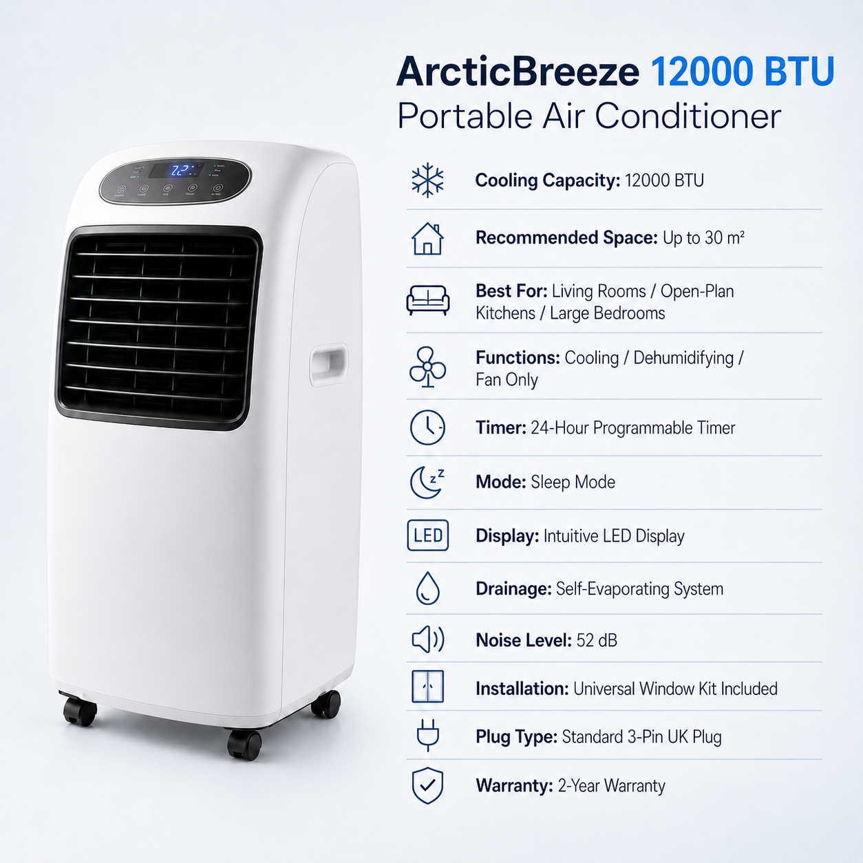 ArcticBreeze 12000 BTU Portable Air Conditioner - Specification image